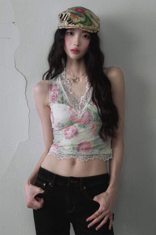 Rose Oil Painting Lace Vest