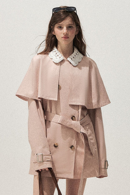 Detachable Cape Crochet Collar Trench Coat