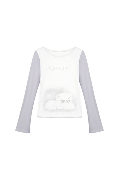 Sleepy Kitten Printed Long-Sleeved T-Shirt