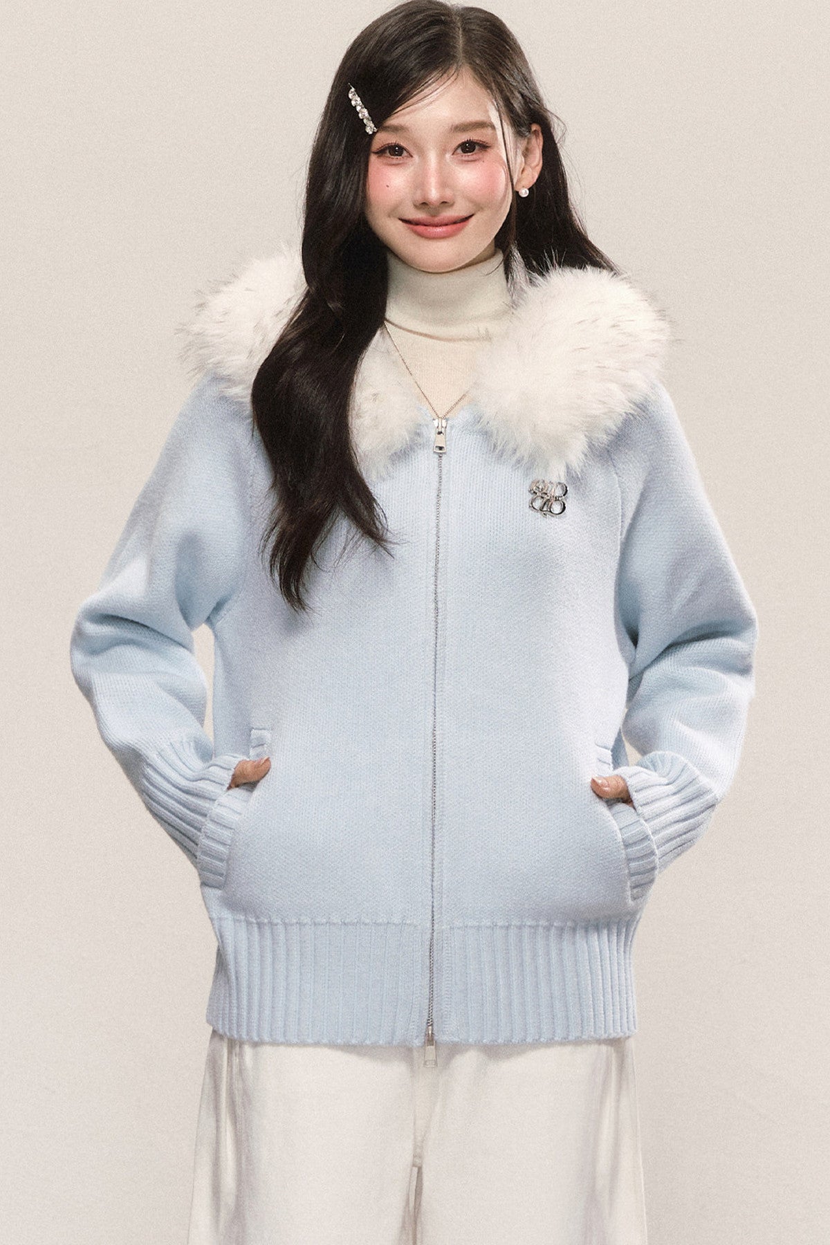 Detachable Fur Collar Hooded Knit Cardigan