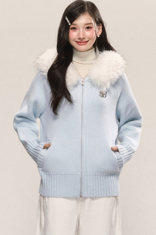 Detachable Fur Collar Hooded Knit Cardigan