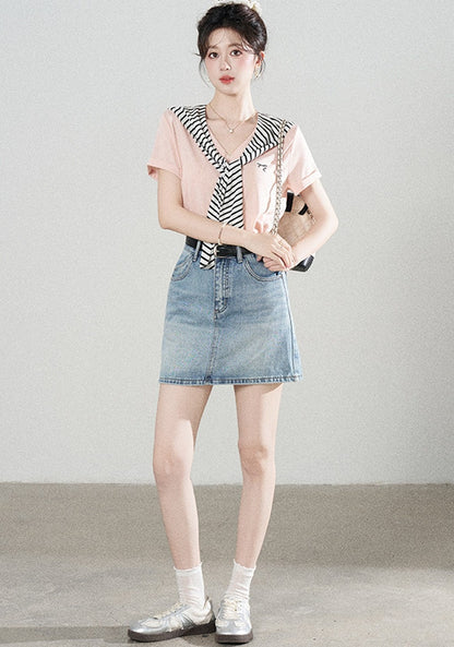 Loose Short-Sleeved Striped Shawl T-Shirt and Denim Skirt Set-Up