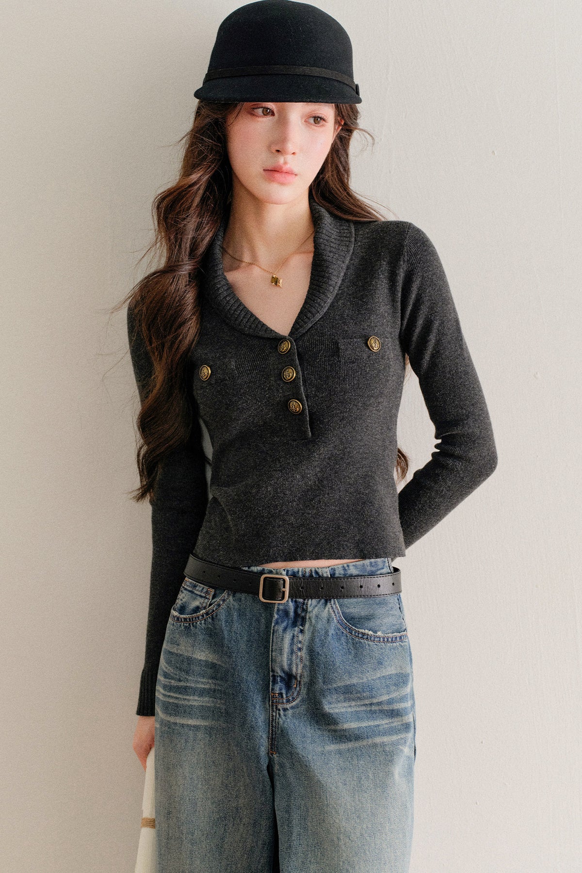 Half-Button Shawl Collar Wool-Blend Knit Sweater