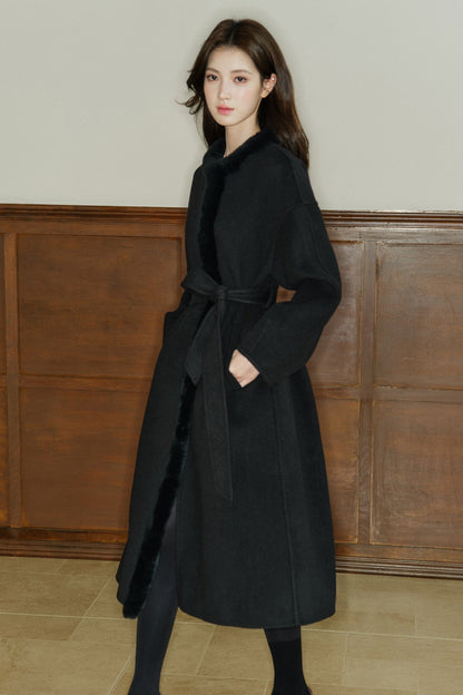 Rabbit Fur Placket Wool Coat
