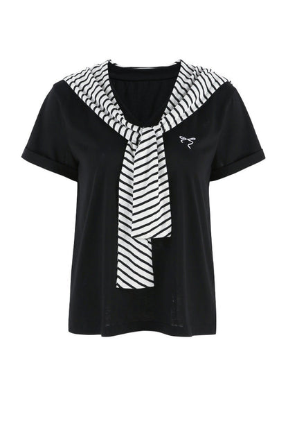 Loose Short-Sleeved Striped Shawl T-Shirt and Denim Skirt Set-Up