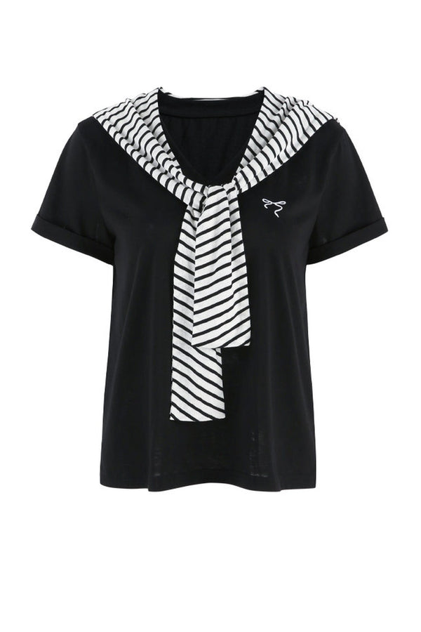 Loose Short-Sleeved Striped Shawl T-Shirt and Denim Skirt Set-Up