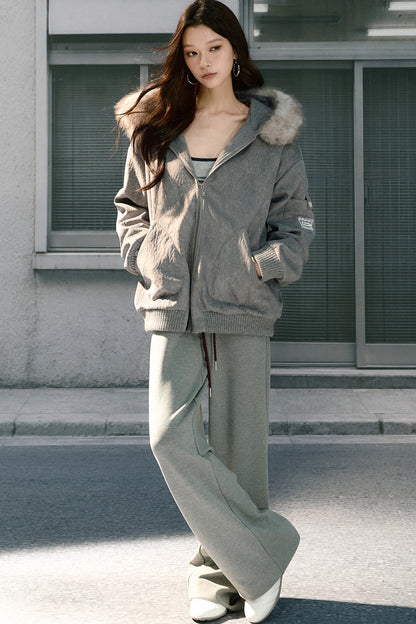 Detachable Fur Collar Quilted Hooded Jacket