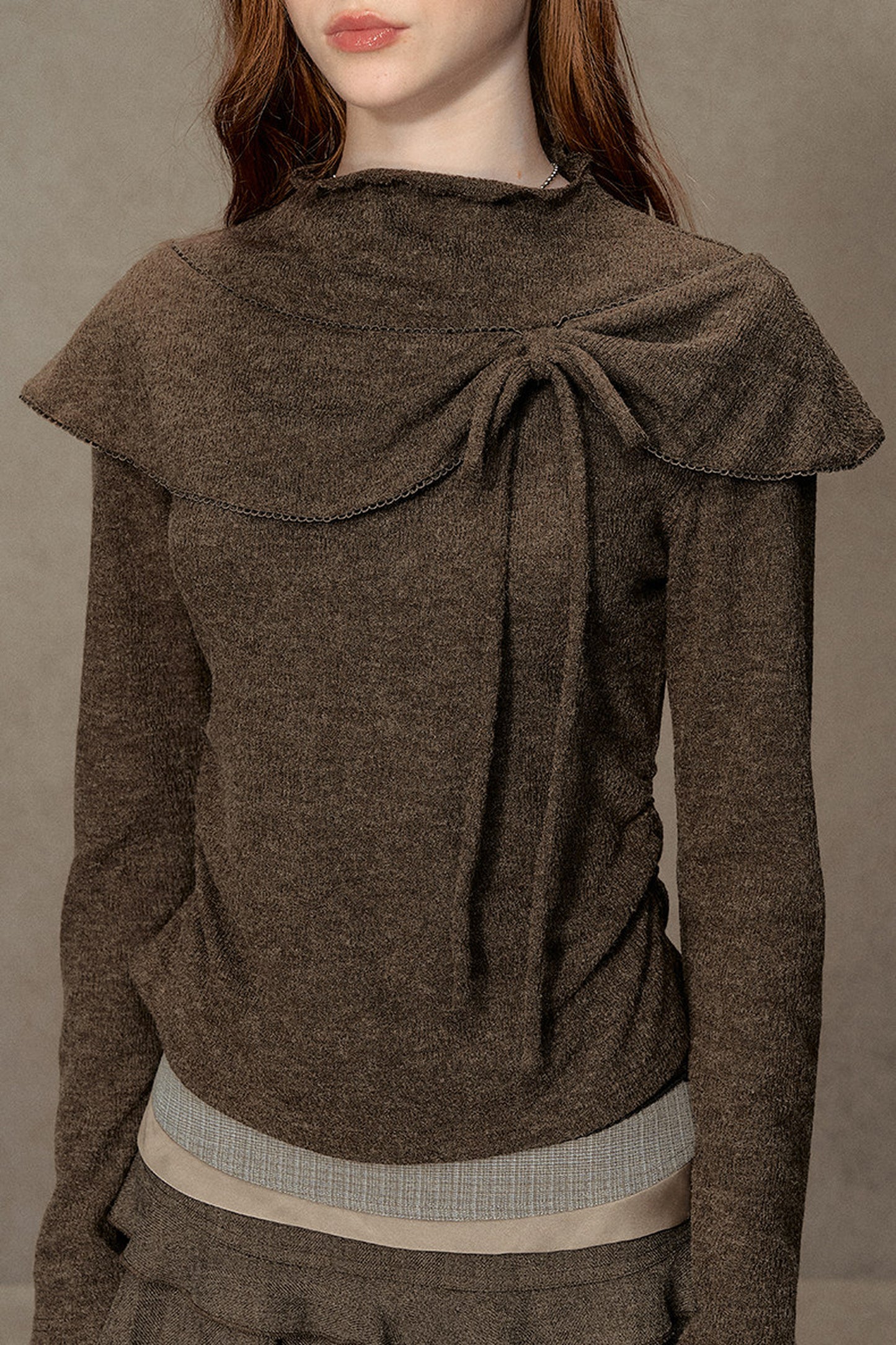 Bowknot Cape Collar Long Sleeve Top