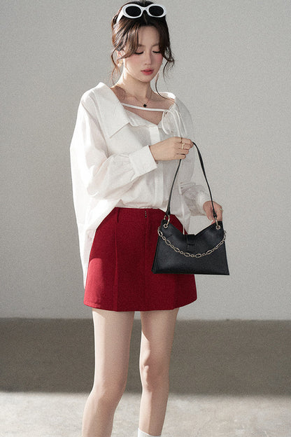 Long-Sleeve V-Neck Shirt and Skirt Set-Up