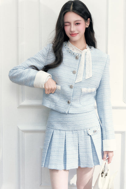 Beaded Tweed Jacket Pleated Skirt Set-Up