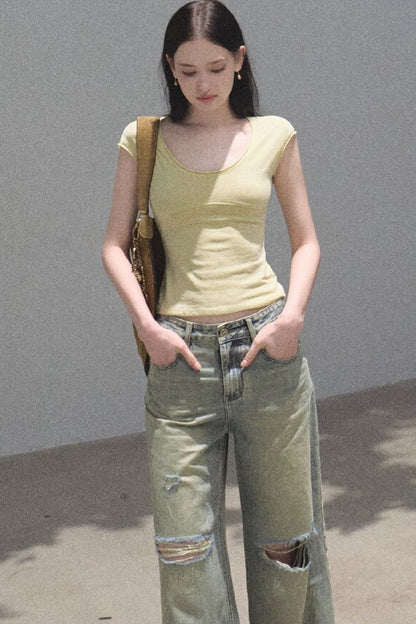 리오셀 자수 반소매 상의