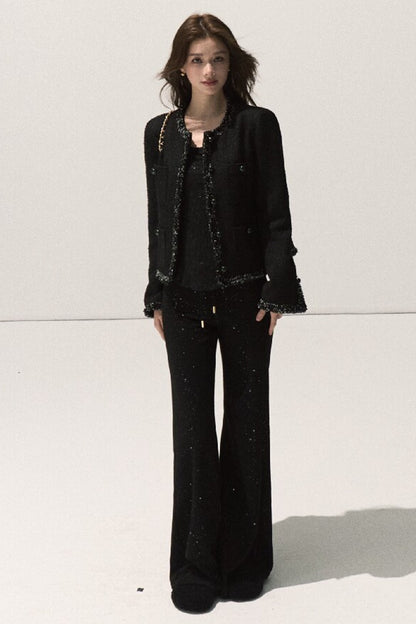Silver-Embellished High-Waisted Wide-Leg Pants