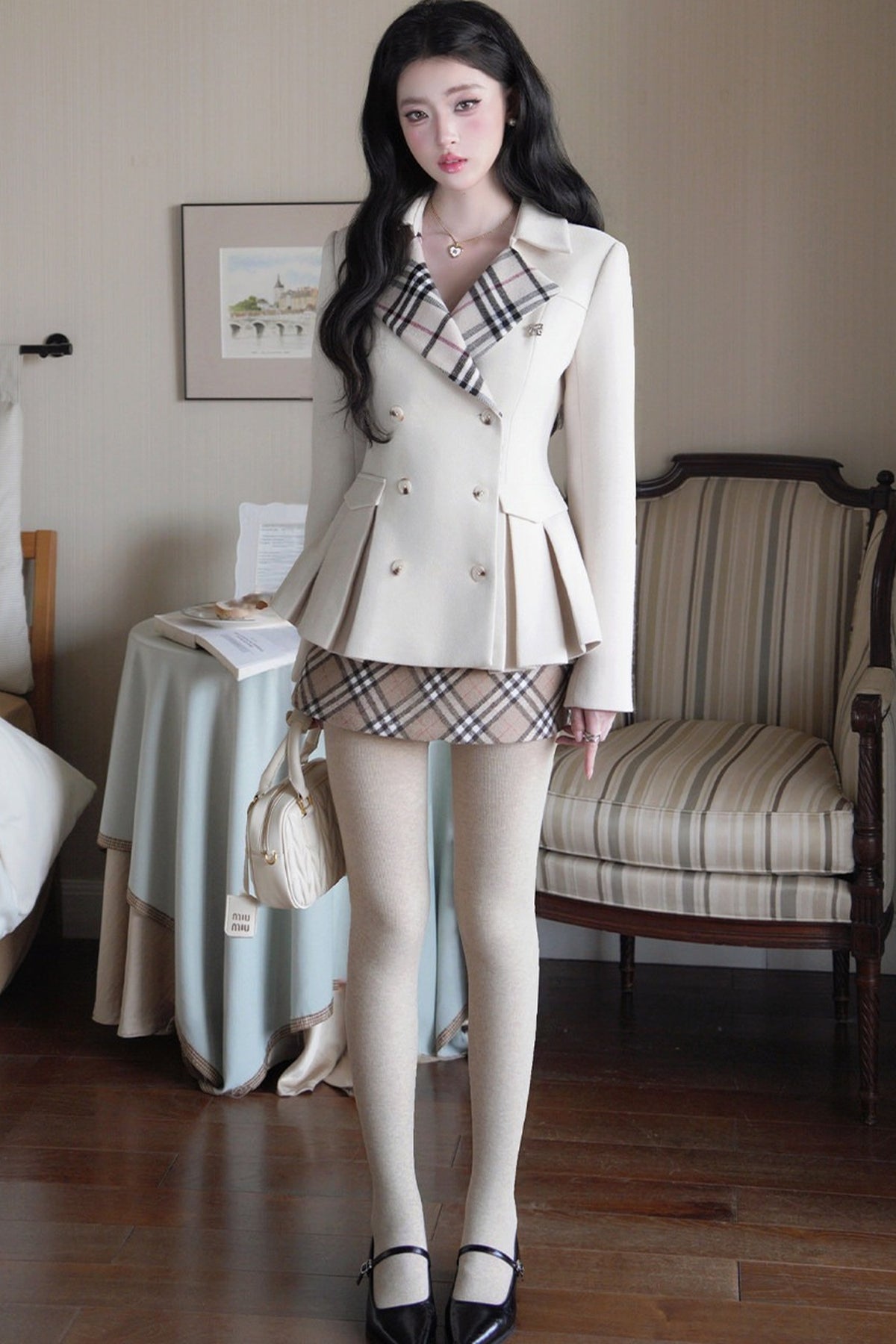 Doppelreihiger Wollmantel mit Karomuster und Patchwork