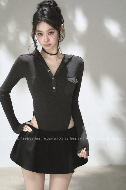 Brushed Ribbed Hooded Cutout Top