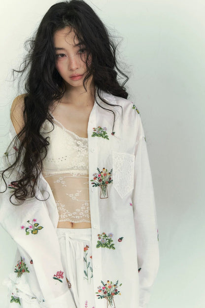 Floral lace embroidered blouse and skirt set