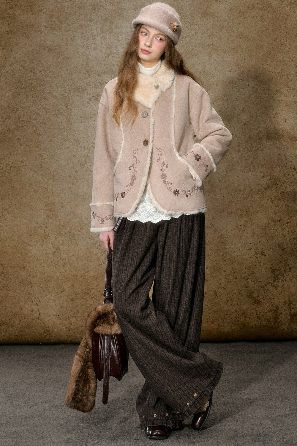 Embroidered Branch Snow Faux Suede Jacket