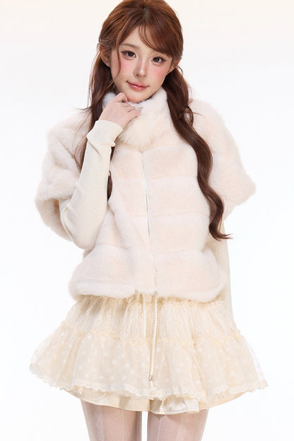 Rabbit Fur Jacket and Polka Dot Lace Skirt Set-Up