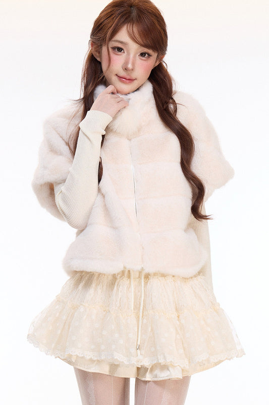 Rabbit Fur Jacket and Polka Dot Lace Skirt Set-Up