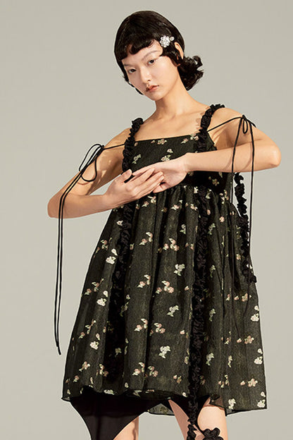 Floral Jacquard Ruffle Strap Dress