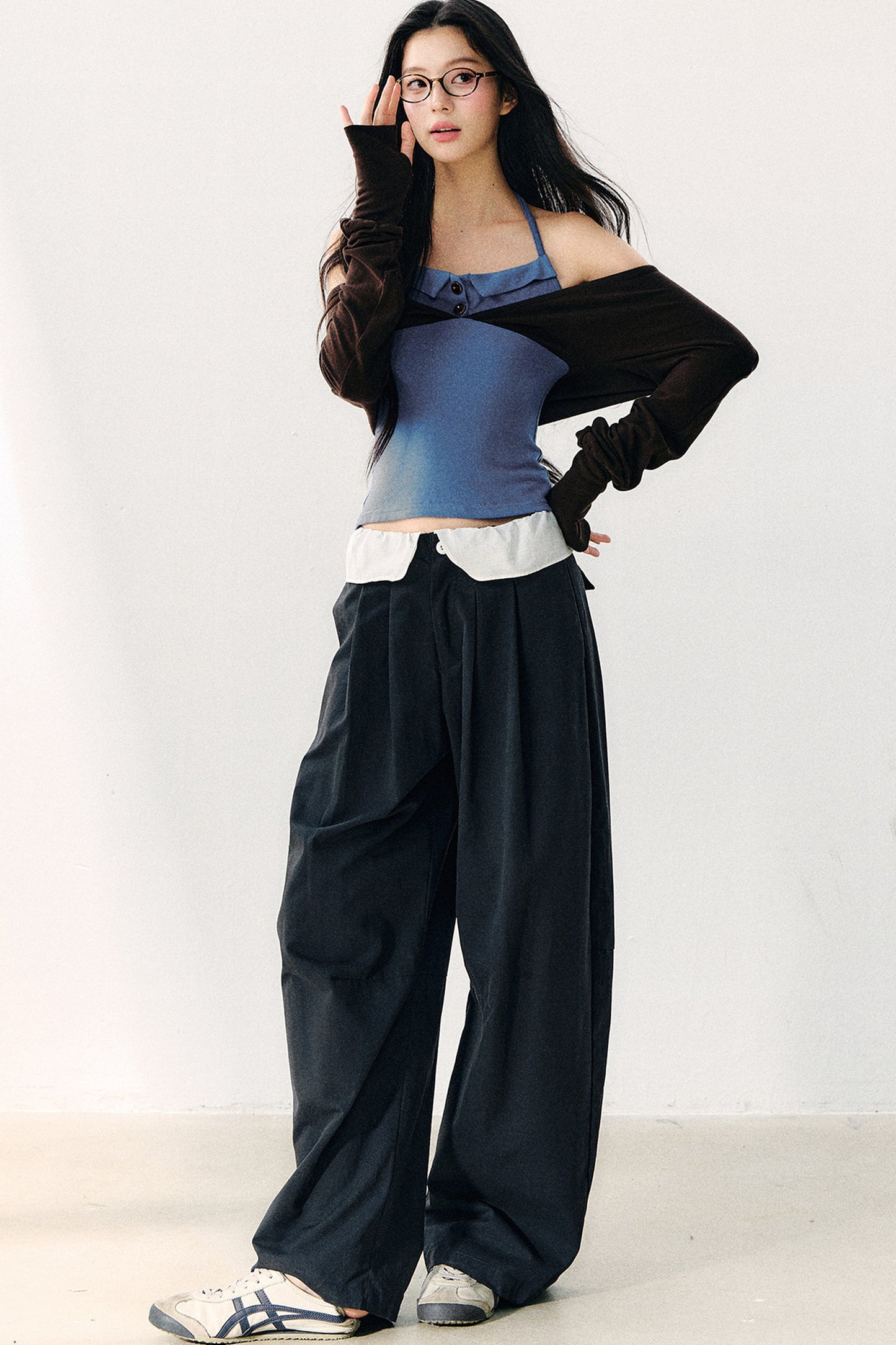 Color Block Halter Collar Long Sleeve Top