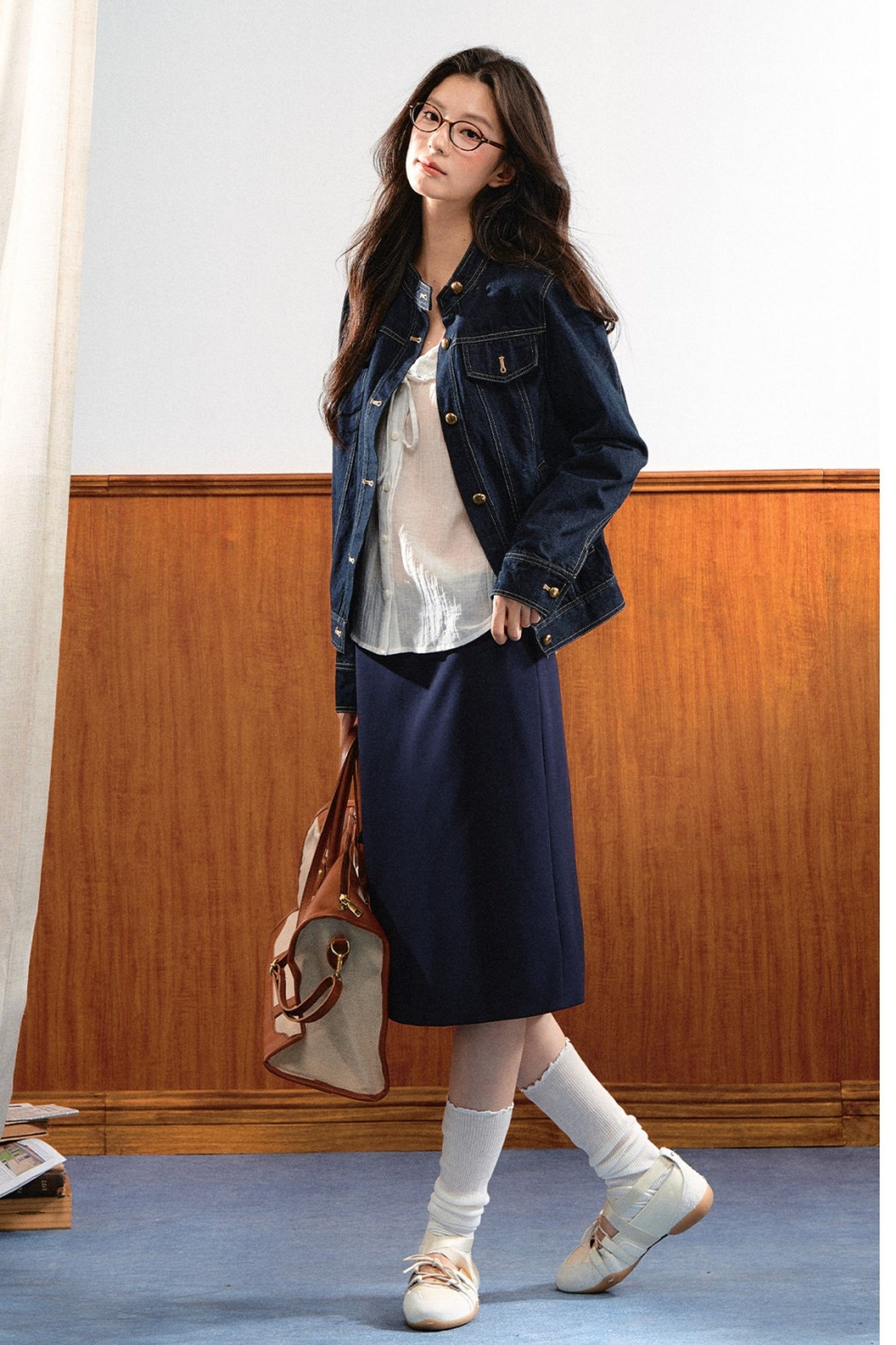 Round-Neck Gold Button Denim Jacket and Pants Set-Up