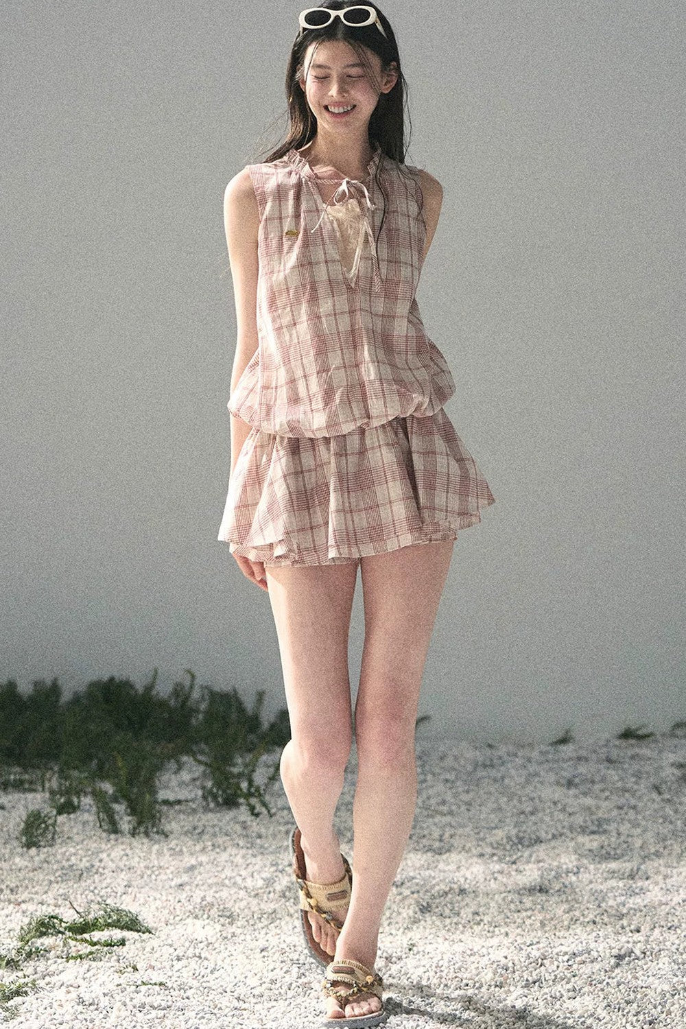 Lace Plaid Puff Dress Set