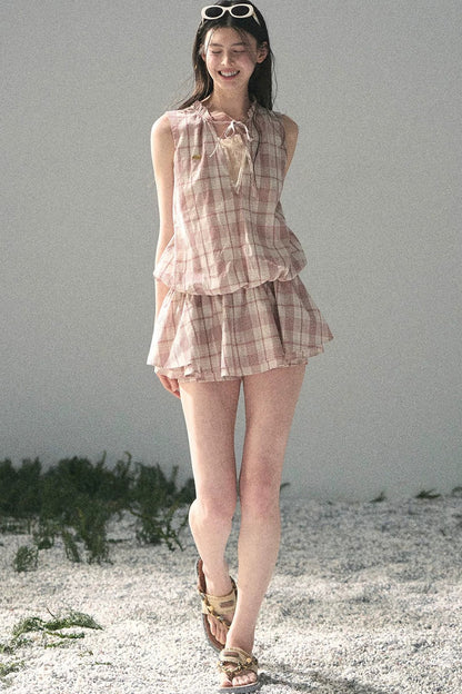 Lace Plaid Puff Dress Set