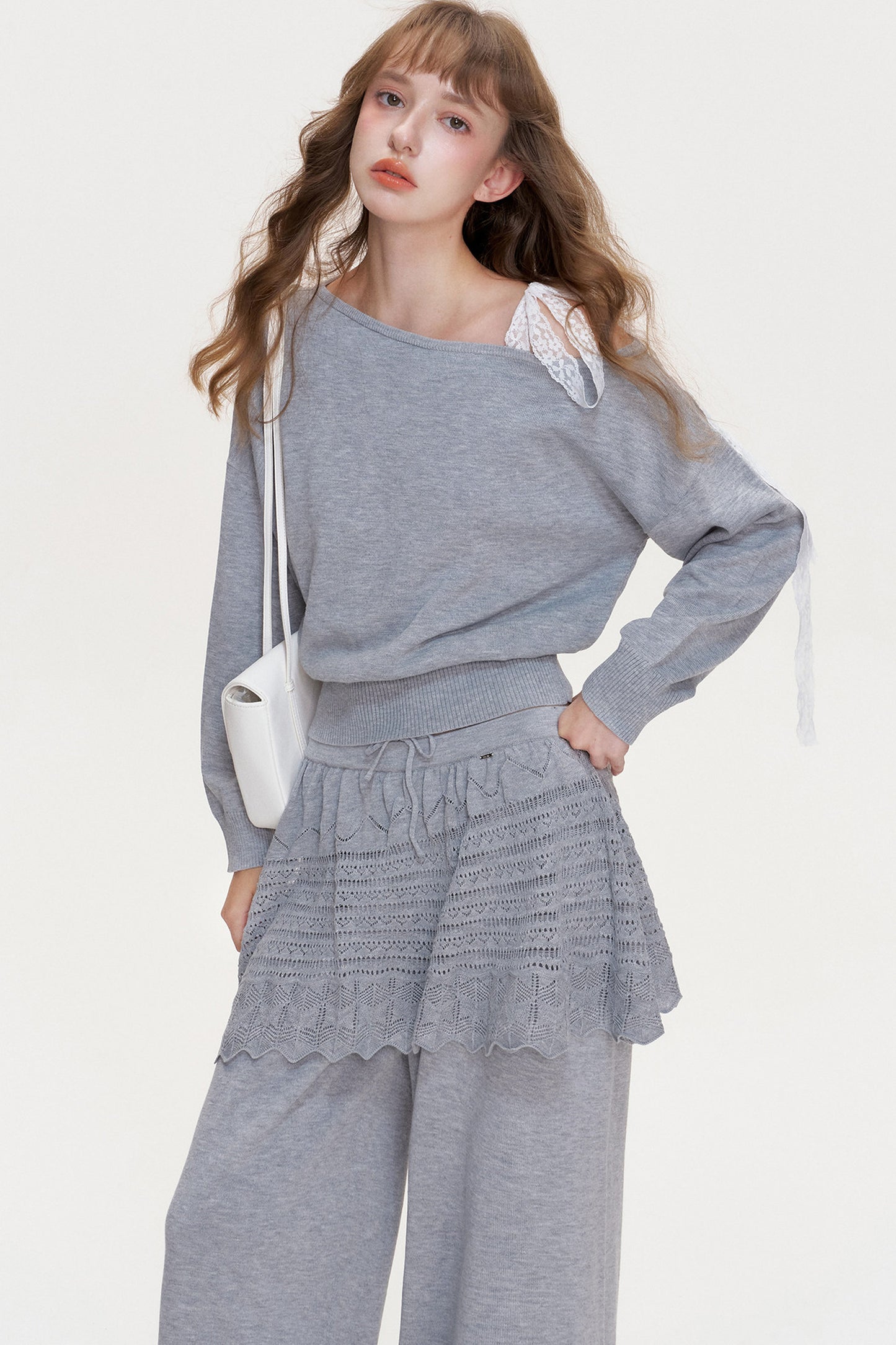 Wool Blend Off-Shoulder Lace Bow Knit Sweater and Pants Set-Up
