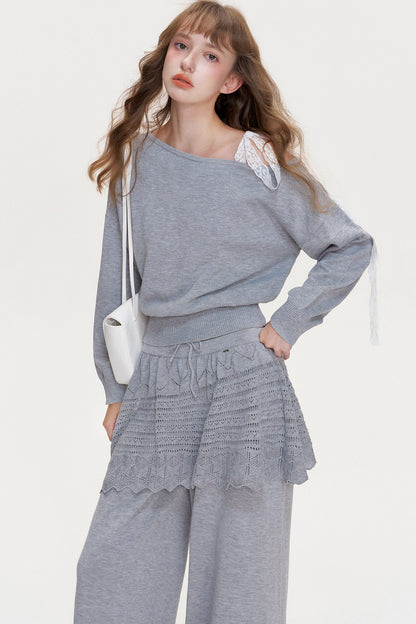 Wool Blend Off-Shoulder Lace Bow Knit Sweater and Pants Set-Up