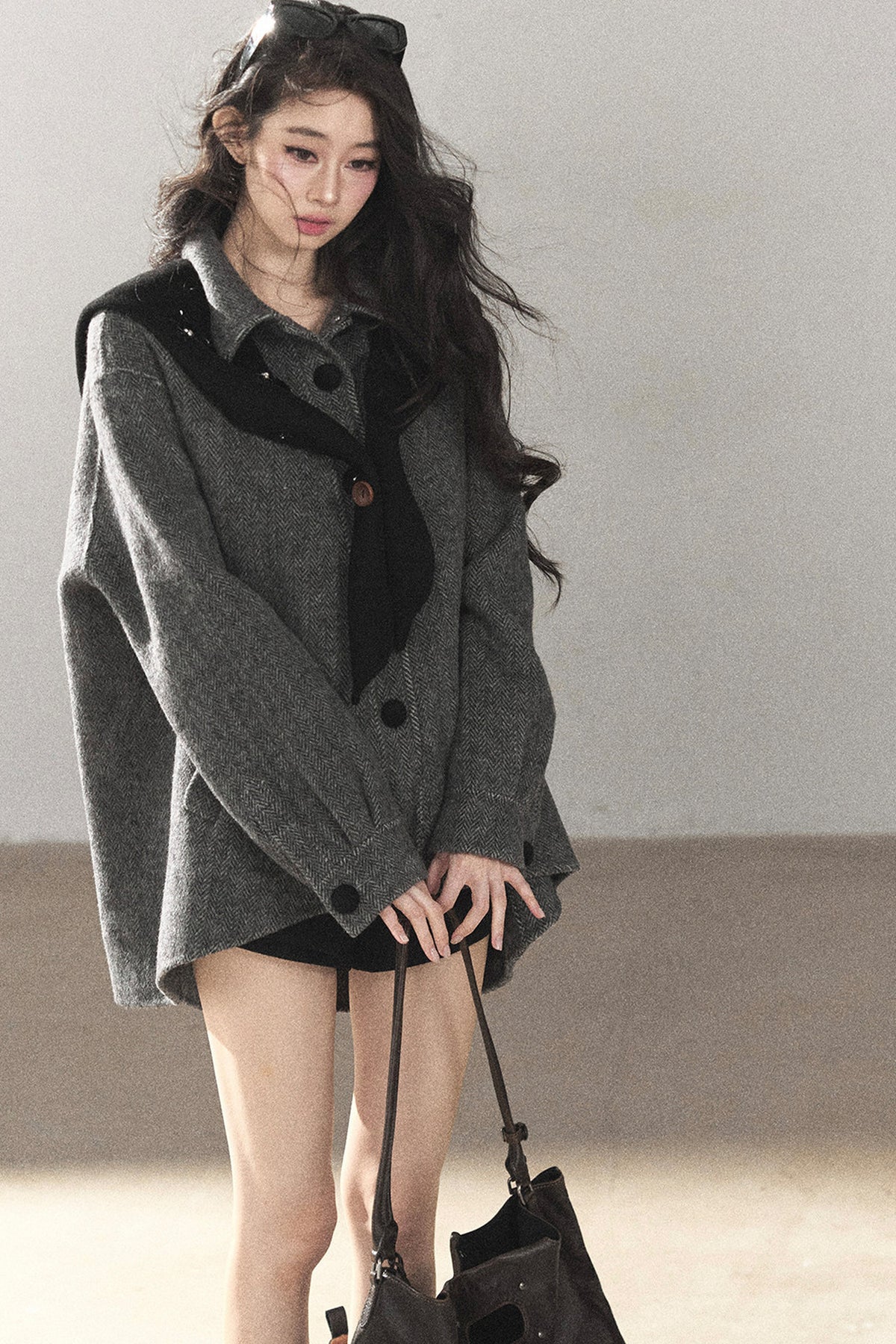 Double-Sided Herringbone Woolen Coat