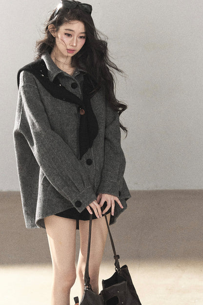 Double-Sided Herringbone Woolen Coat