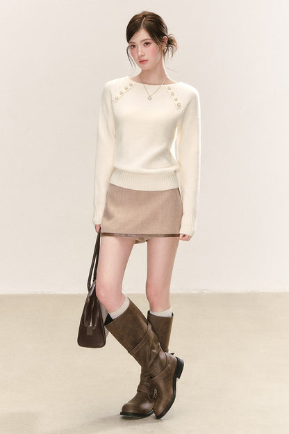 Diagonal Button Round Neck Knit Sweater