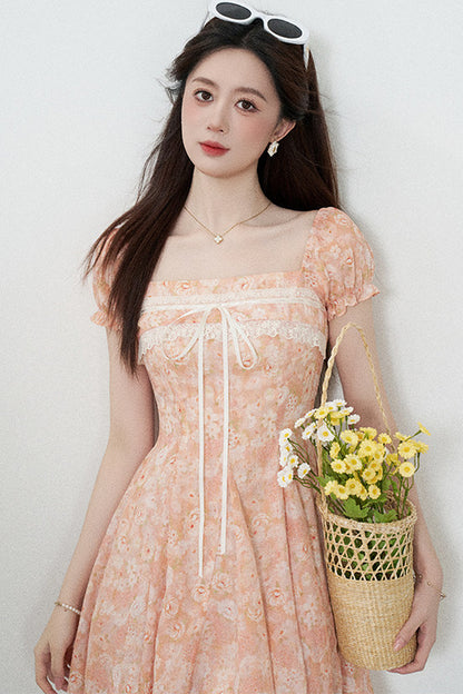 Square-Neck Floral Puff-Sleeve Chiffon Dress