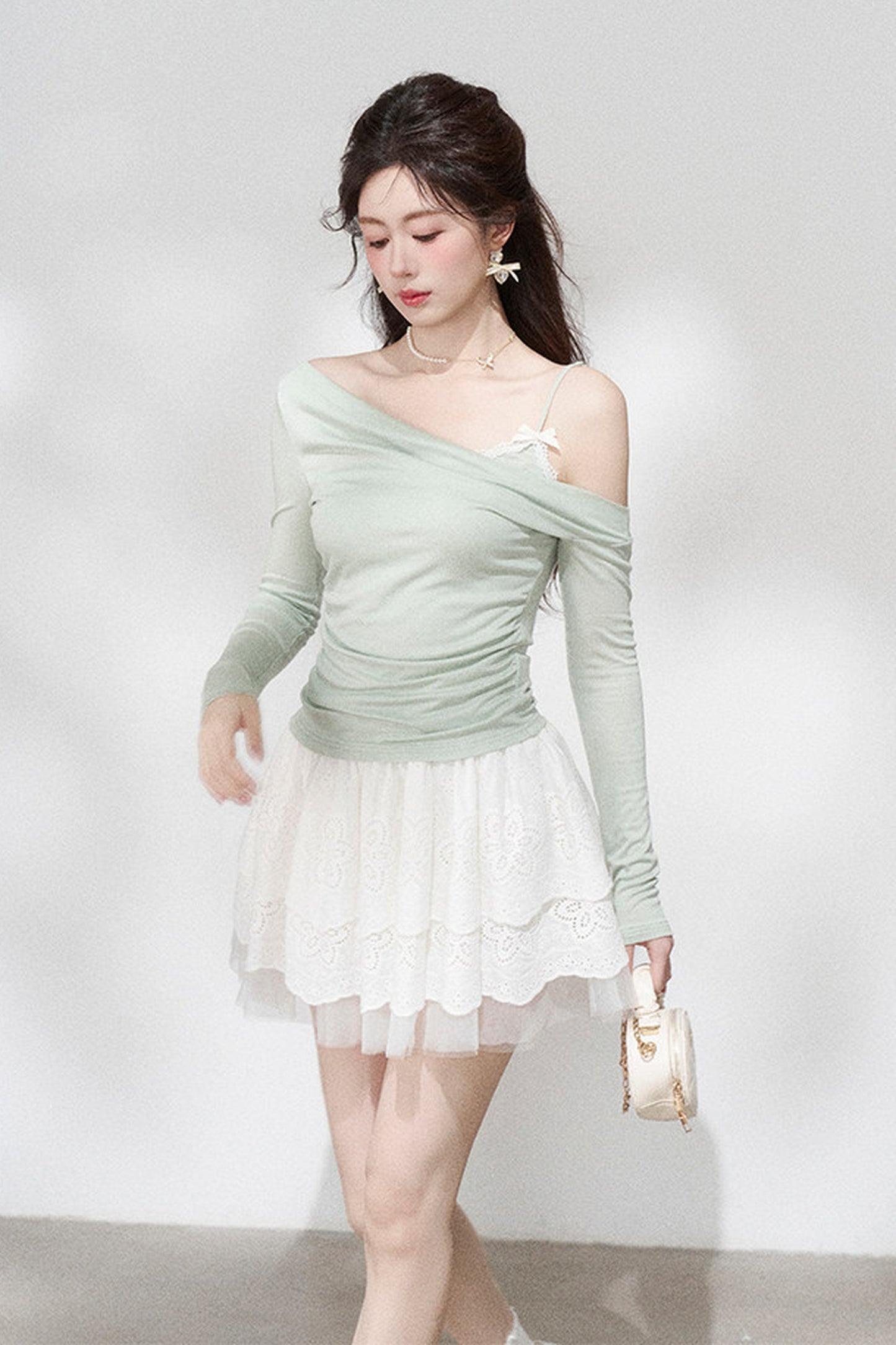 Green Off-Shoulder Pleated Knit Top and Skirt Set-Up