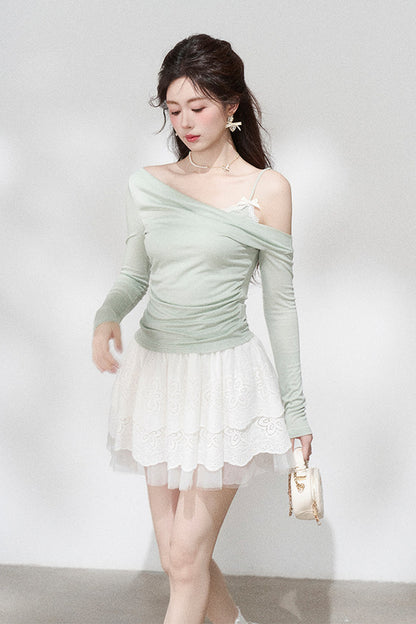 Green Off-Shoulder Pleated Knit Top and Skirt Set-Up
