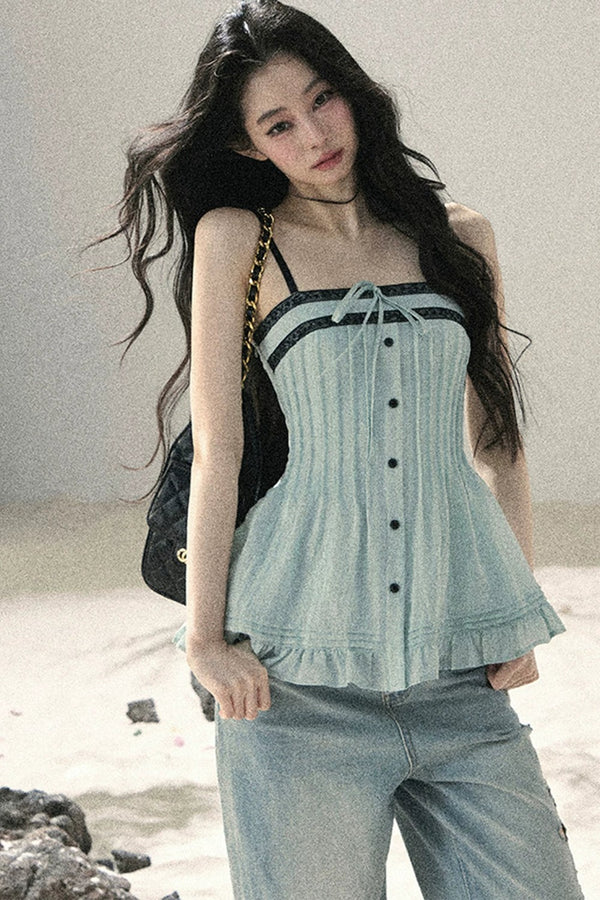 One-Shoulder Ruched Lace Camisole