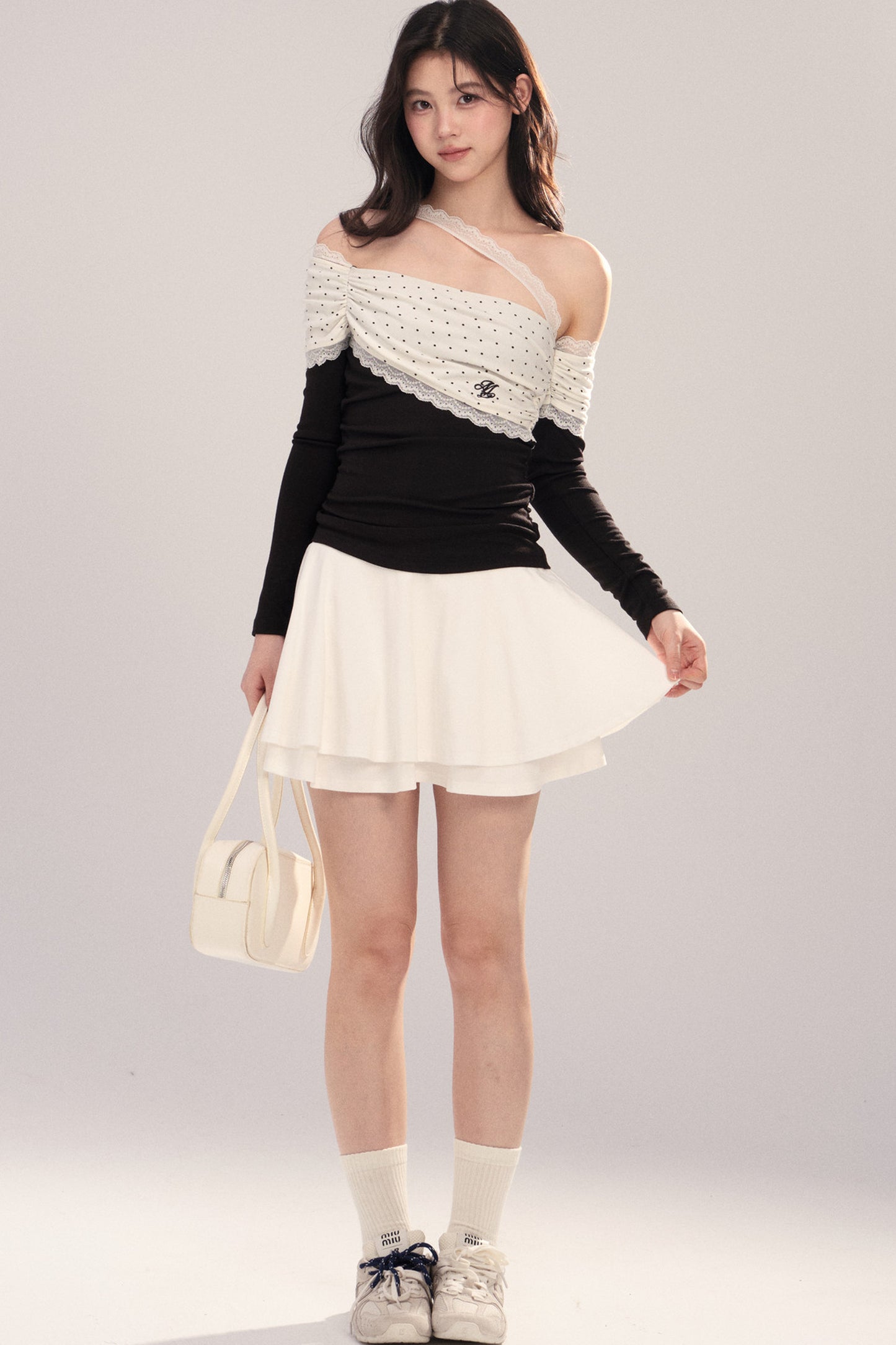 Polka Dot Spliced Lace Off-Shoulder T-Shirt