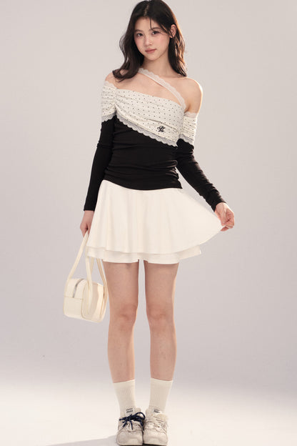 Polka Dot Spliced Lace Off-Shoulder T-Shirt