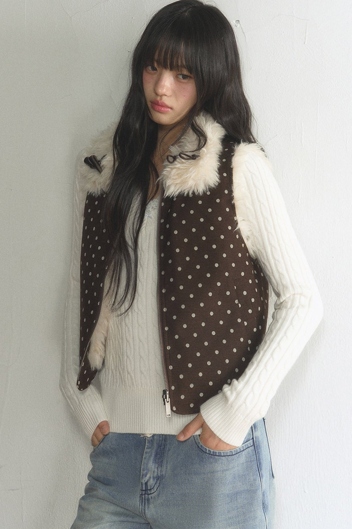 Retro Polka Dot Fur Collar Vest and Pants Set-Up