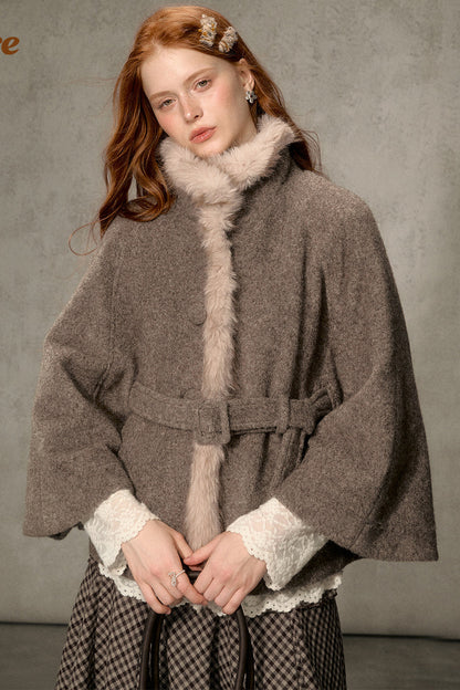Floral Fur Collar Woolen Cape