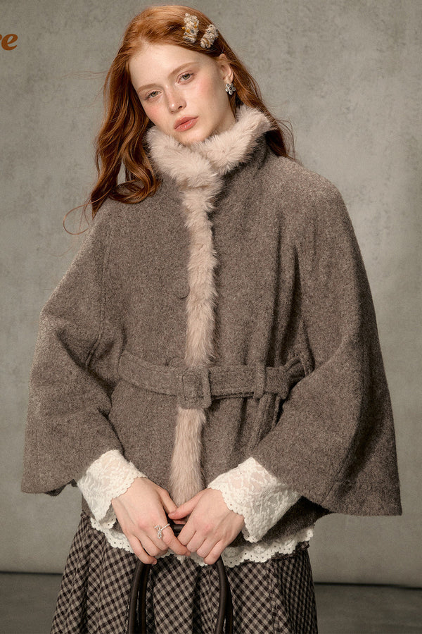 Floral Fur Collar Woolen Cape