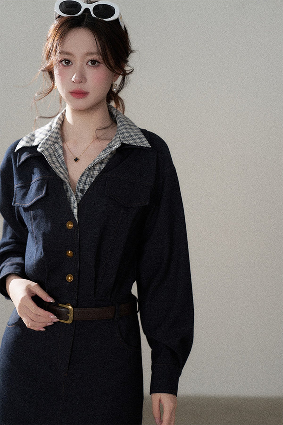 Robe trapèze taille haute à manches longues