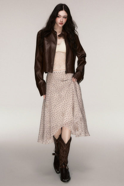 Brown Stand-Up Collar PU Leather Jacket