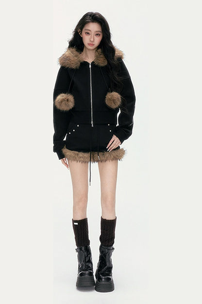 Studded Embroidered Detachable Fur Collar Sweatshirt And Shorts Set-Up