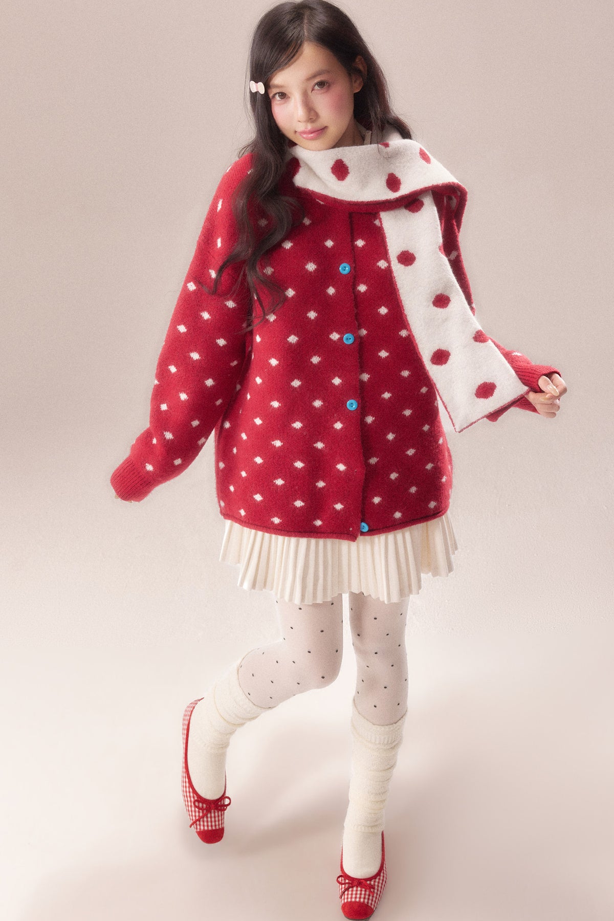 Polka Dot Scarf Knit Cardigan