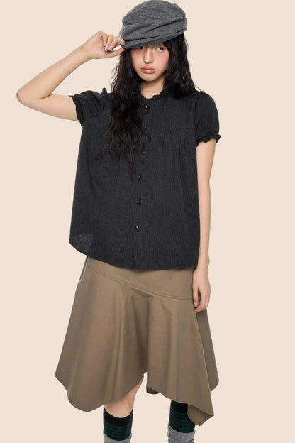 Pleated Lace Collar Short Sleeve Shirt