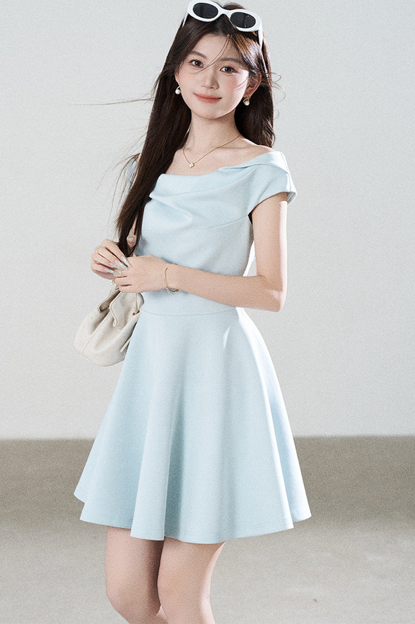 Lake Green Tencel Off-Shoulder A-Line Dress