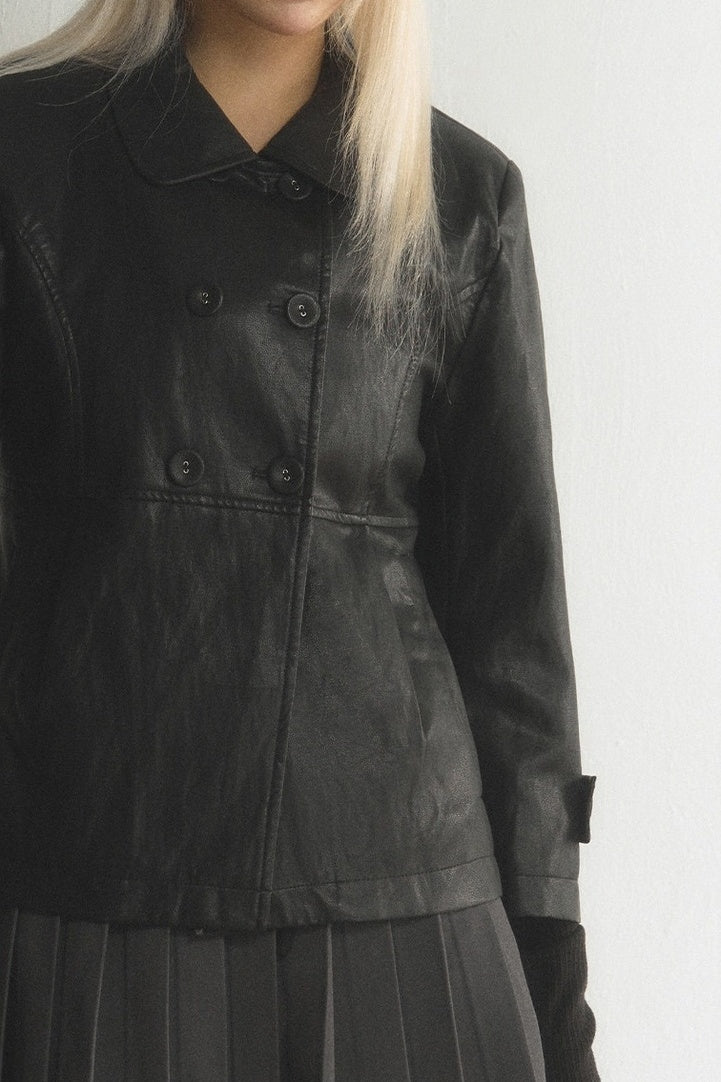 Black Double-Breasted PU Leather Top and Skirt Set-Up