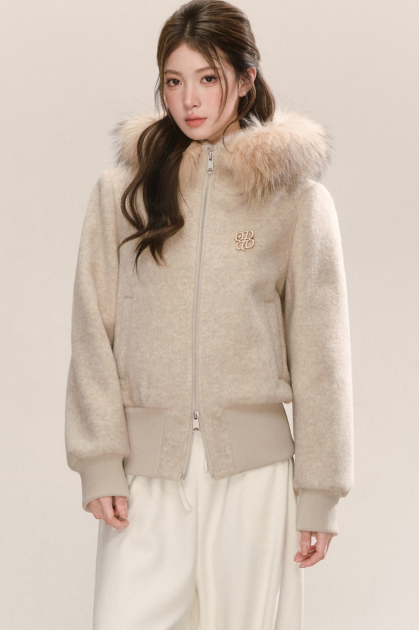 Faux Raccoon Fur Collar Hooded Sweatshirt Jacket