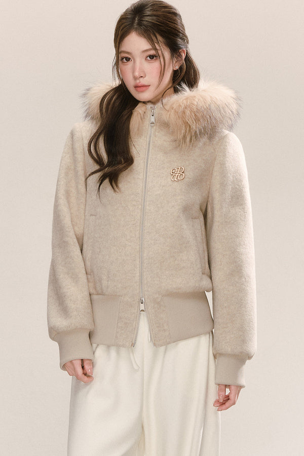 Faux Raccoon Fur Collar Hooded Sweatshirt Jacket
